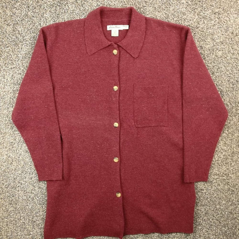 Vintage Eddie Bauer Sweater Lambswool Cardigan Ribbed Burgundy Red Womens Large